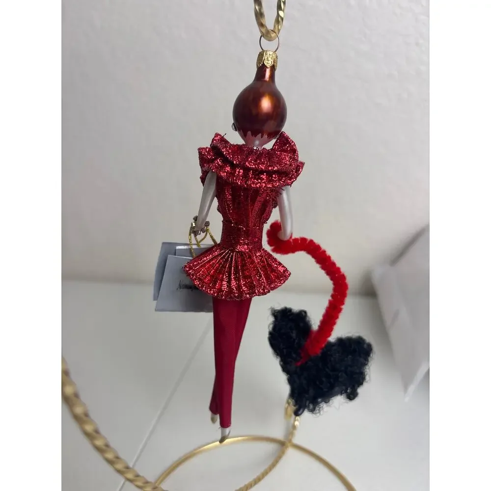 De Carlini Neiman Marcus Lady w/ Poodle Glass Ornament Red Outfit Italy Box Tags